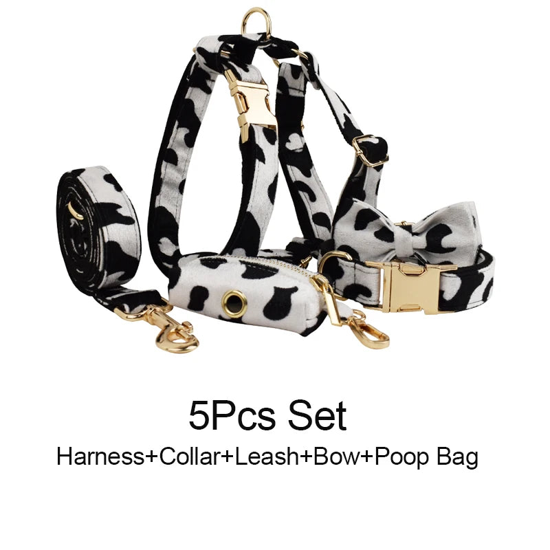 Designer Personalized Luxury Tactical Dog Collars Cow Print Pet Set Dog Harness And Leash Set Animal 05