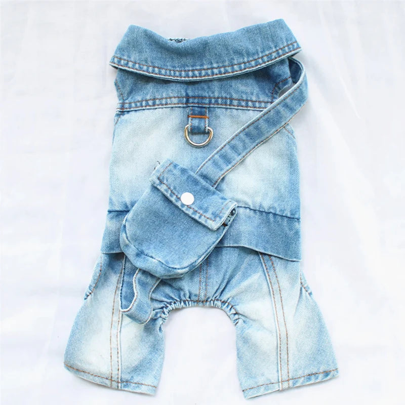 2024 New Design Small Dog Overalls Durable Jeans Pants Outfits with Snack Backpack Puppy Denim Onesie Apparel for Boy Girl Dogs