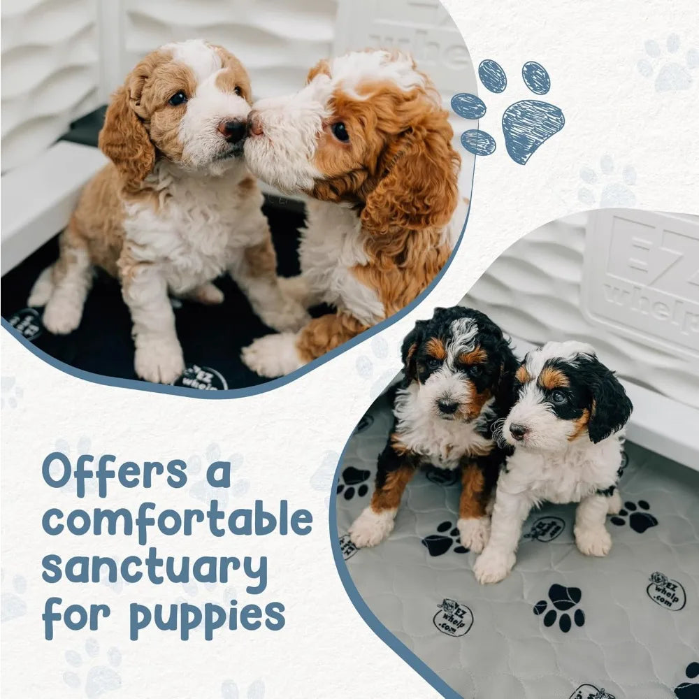 Small Padded Dog Whelping Box with Rails, Puppy Supplies, Black Pad, 28x28x18 Inches