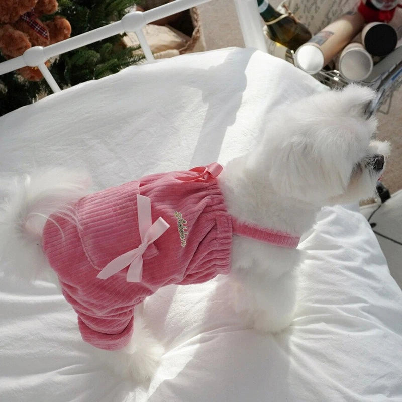 Pet Corduroy Overalls Butterfly Tie Jumpsuit Autumn and Winter Puppy Two Legged Clothes Teddy Cat Four Legged Pants