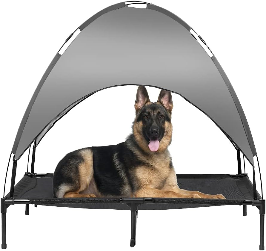 49" Elevated Outdoor Dog Bed with Canopy, Cooling Raised Pet Cot with Removable Sunshade for Camping, Deluxe 600D PVC with 2X1 Textilene Dog Bed, Come W/Carry Bag