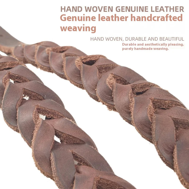 Handwoven Genuine Leather Dog Collar & Leash Set - Top Grain Cowhide Pet Accessories with Adjustable Buckle, Luxury Dog Lead