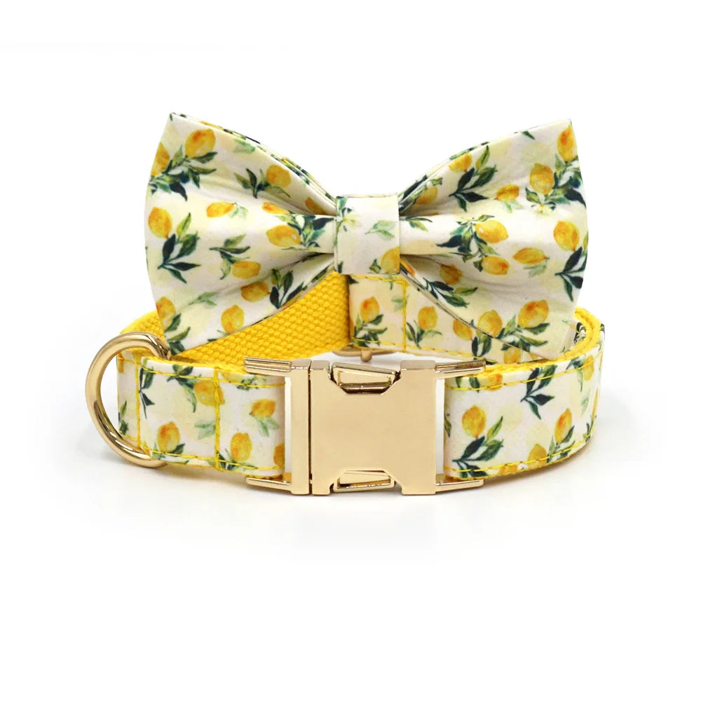 Personalized Pet Collar for Cats Small Medium Large Dogs Lemon Printing Luxury Designer Bow Dog Collar & Leash Set with Poop Bag