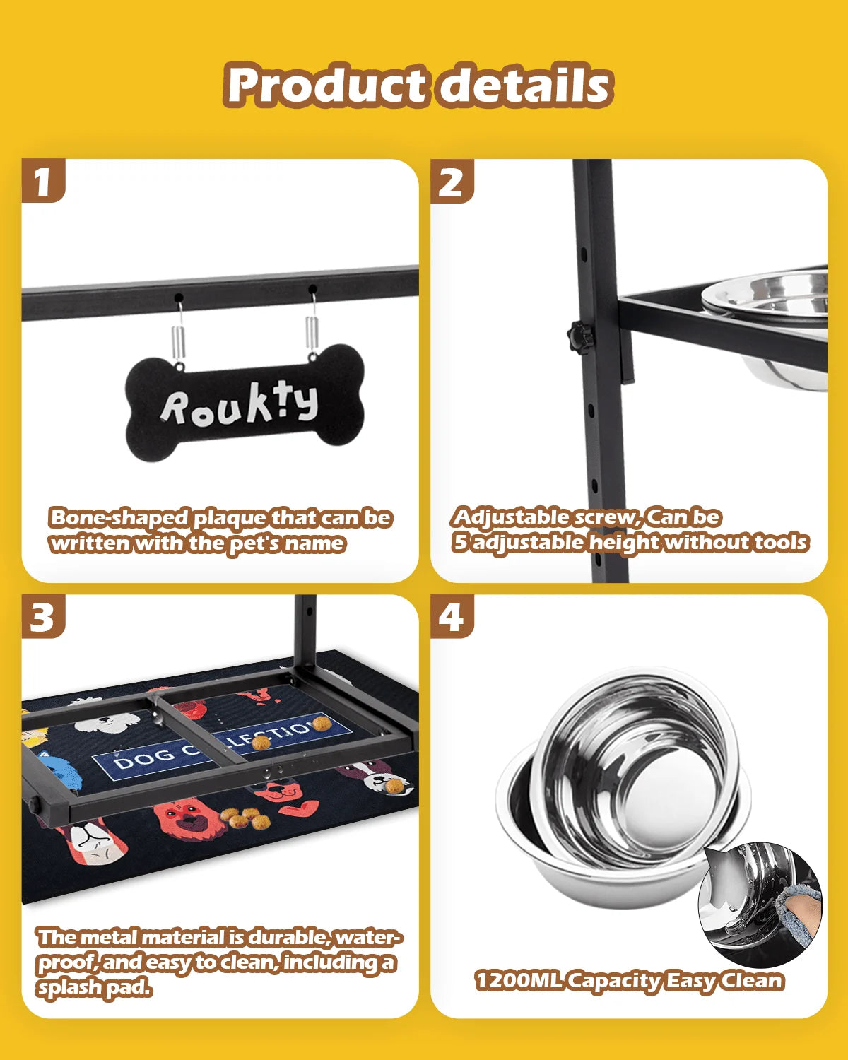 Elevated Dog Bowls with Slow Feeder,Adjusable Height Raised Dog Bowl Stand with 2 Stainless Steel 1200ML Dog Food Bowls, Dog Bowls with Mat for Small Medium Large Dogs and Cats