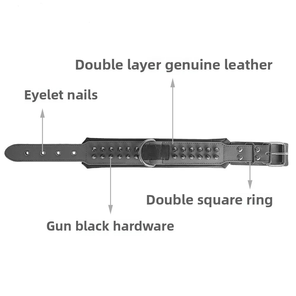 Luxury genuine leather dog collar, studded anti bite dog chain, 2.5-6cm wide dog collar, double-layer cowhide pet accessories