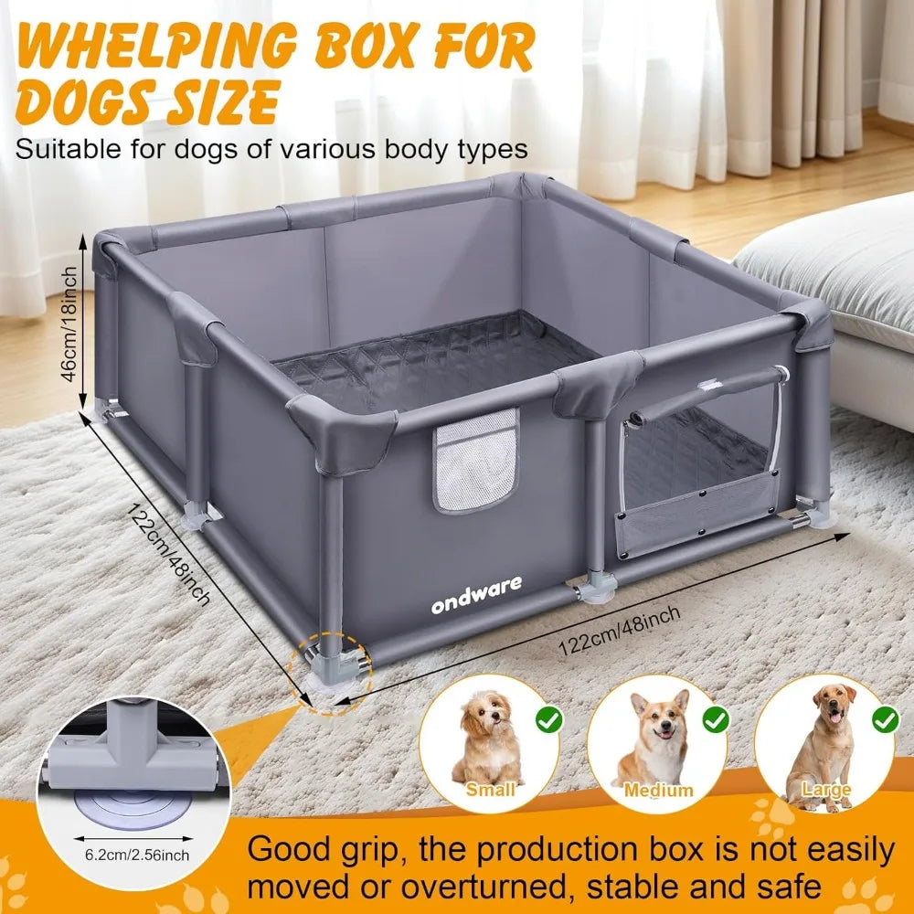 Medium Small Dog Whelping Box with Waterproof Pad, 48x48x18 inches, Ideal for Puppies and Birthing Supplies