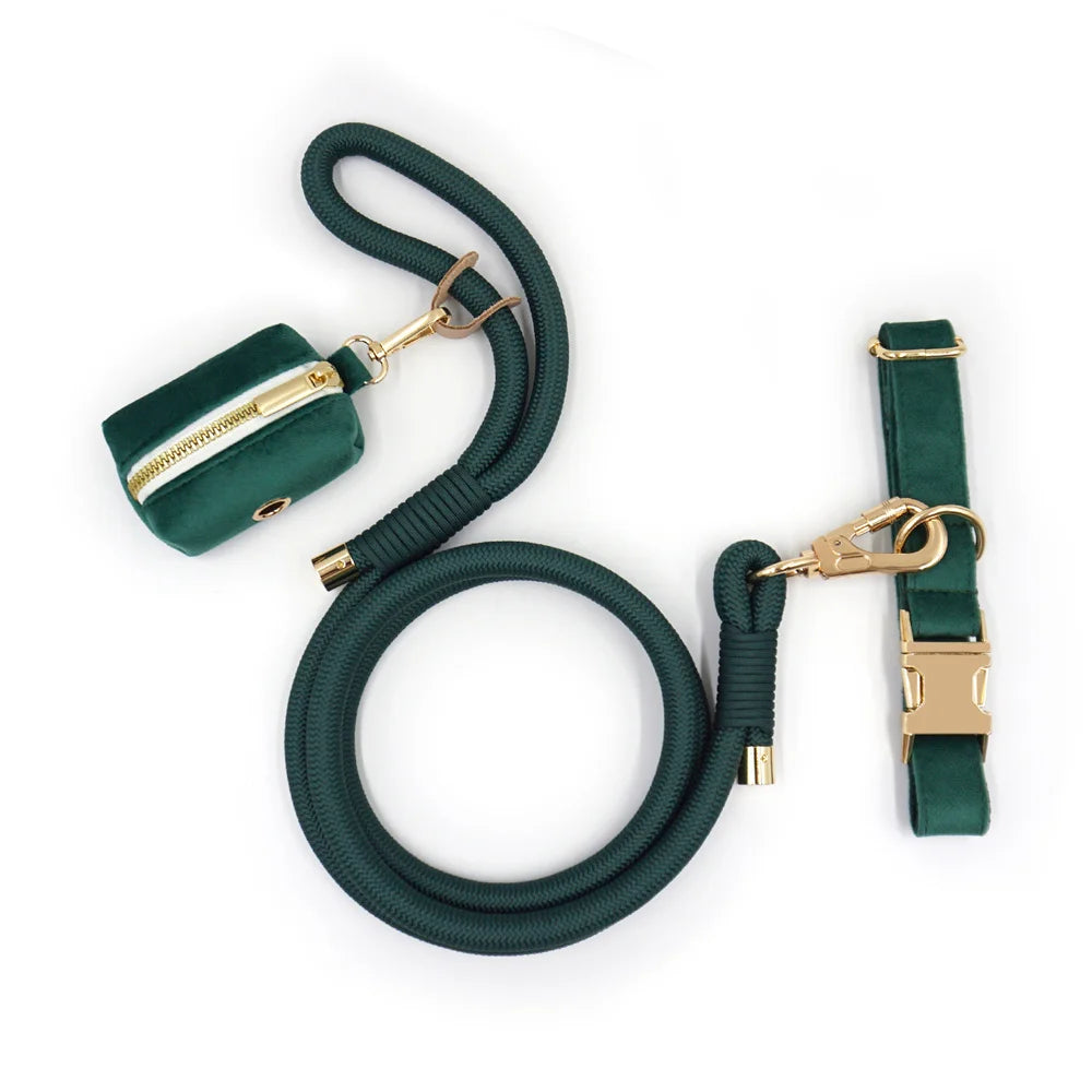 Premium Emerald Green Velvet Personalized Dog Collar and Leash Set Soft Adjustable Dog Luxury Gift Collar with Name Durable Lead