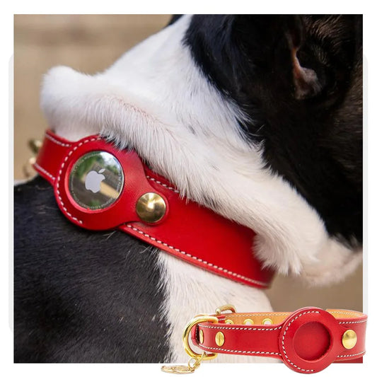 Luxury Genuine Leather Airtags Pet Collar Adjustable Dog Necklace For Puppy Medium Dog Anti-lost Pet Collar With Airtag Holder