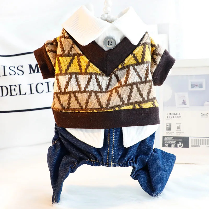Knit Sweater Vest Costumes For Dogs With White Shirt Denim Pants Overall Small Puppy Animal Jumpsuit Jeans Pet Casual Suit Sets