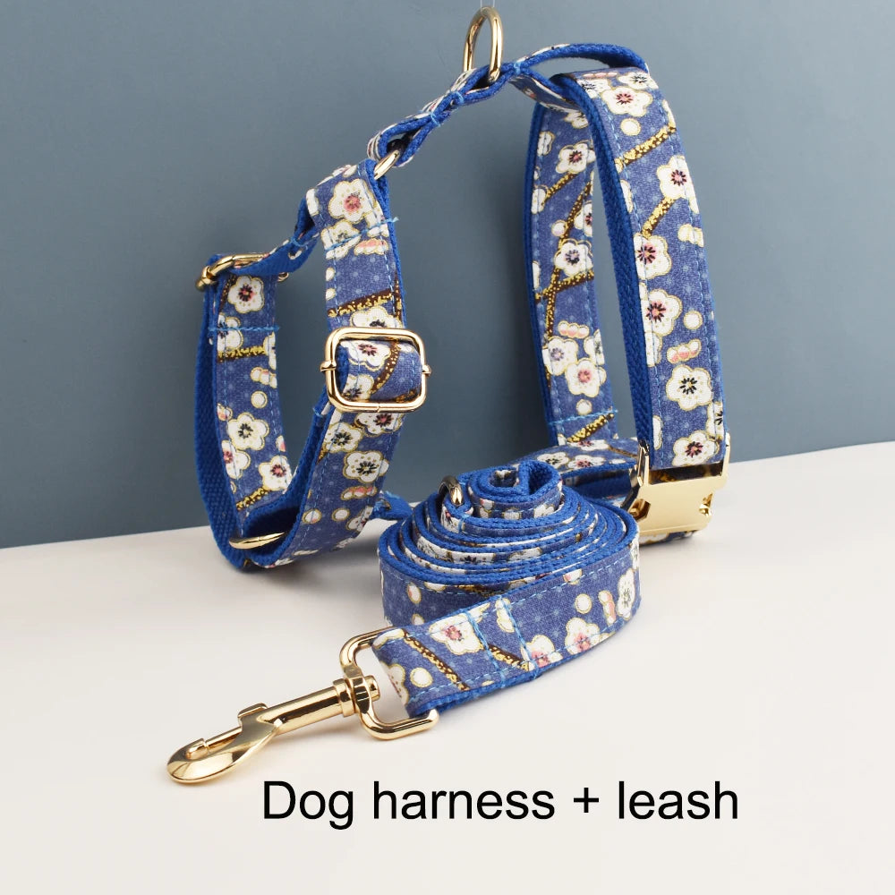 Luxury Personalized engravable dog collar Harness Leash Set Soft Cotton Floral Design Custom Bow Accessory for Dogs 02