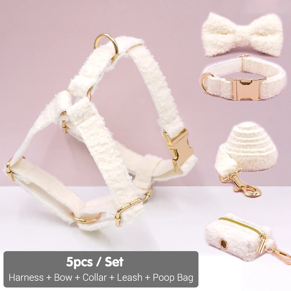 White Teddy Fleece Personalized Dog Harness and Leash Set Luxury Designer Dog Collar for Small Dogs Cute Puppy Collar Poop Bag