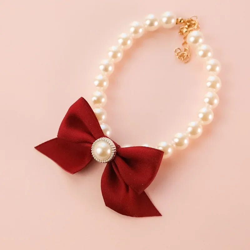 Luxurious Pet Pearl Bow Necklace Dog Collar Little Cat Bell Necklace Vintage Jewelry Pearl Lady Bow Dog Collar Cat Accessories