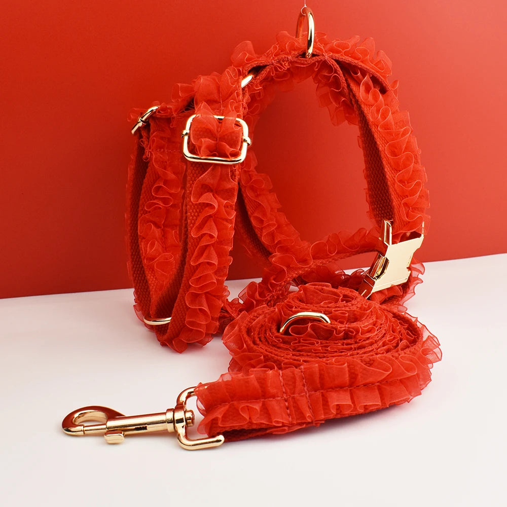 Luxury Lace Dog Collar with Custom Engraved Nameplate Personalized Pet Wedding Harness Accessory for Dogs