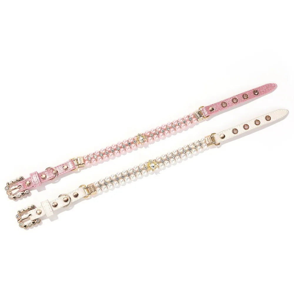 Adjustable Dog Cat Pearl Collars Rhinestone PU Cat Necklace Luxury Jewelry Artificial Pearls Neck Strap for Small Dogs Pet Gift