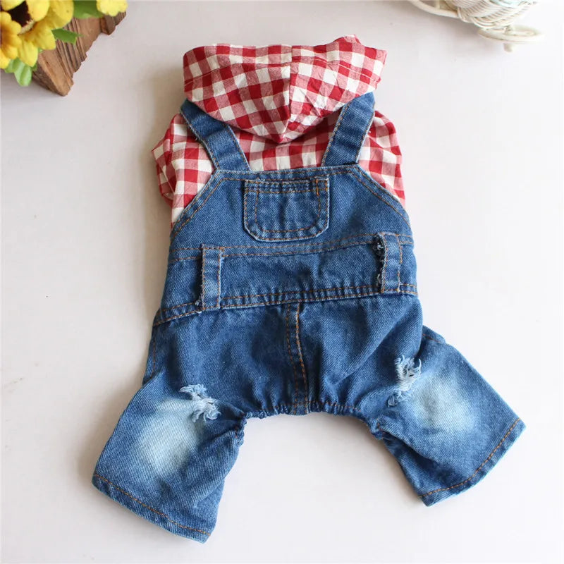 Dog Denim Jumpsuits Striped Plaid Puppy Cat Hoodie Overalls Yorkie French Bulldog Clothes Jean Jacket Pet Outfits for Small Dogs