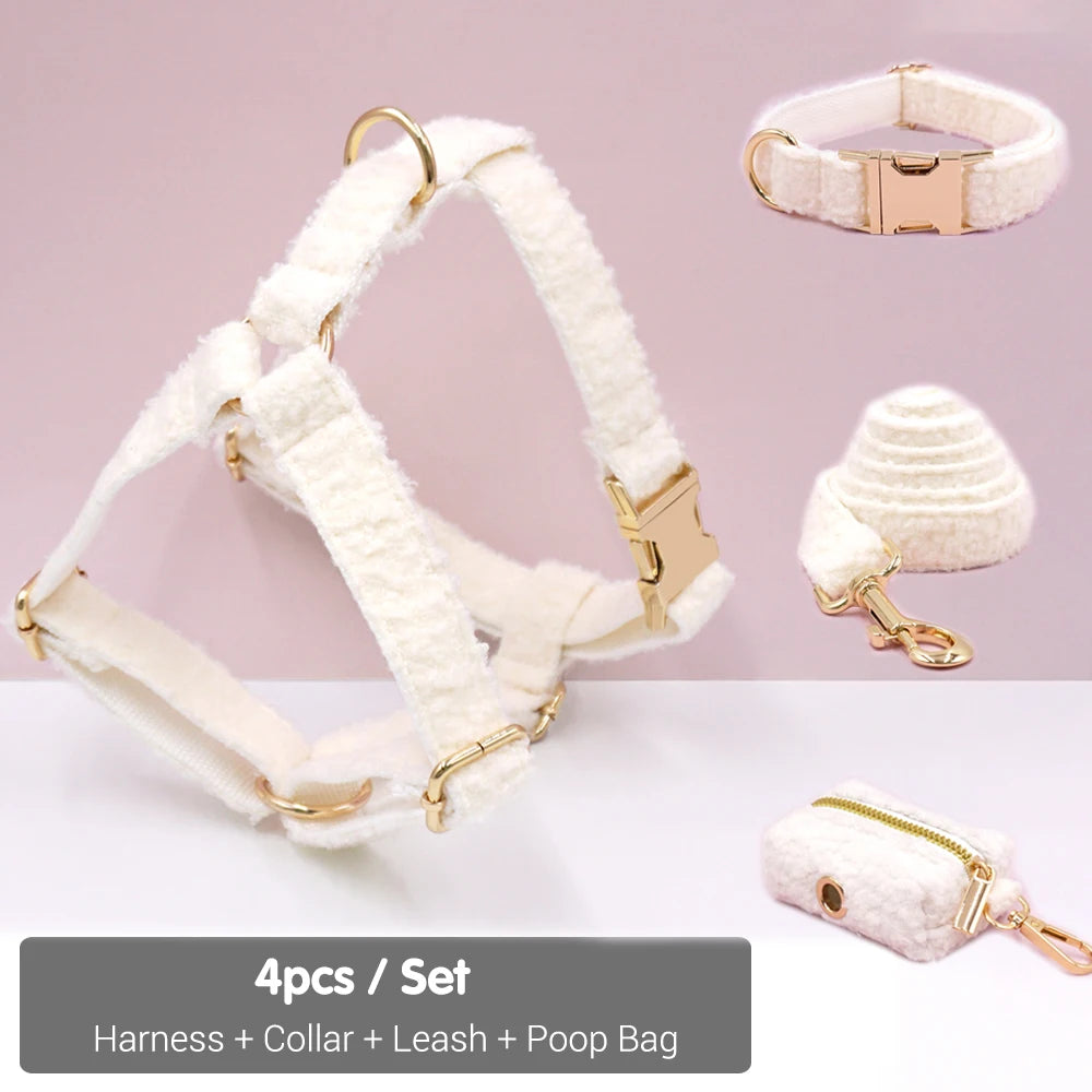 White Teddy Fleece Personalized Dog Harness and Leash Set Luxury Designer Dog Collar for Small Dogs Cute Puppy Collar Poop Bag