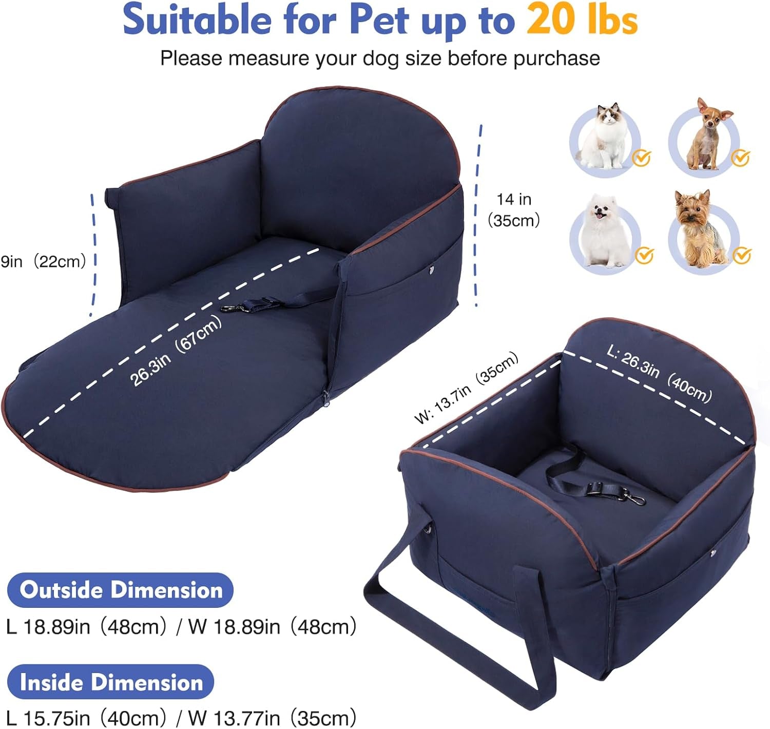 Luxurious Dog Car Seat for Small Dogs up to 20Lbs – 2-In-1 Puppy Cat Cozy Booster Carseat with Storage Pockets, Waterproof Outdoor Travel Pet Carrier Bed