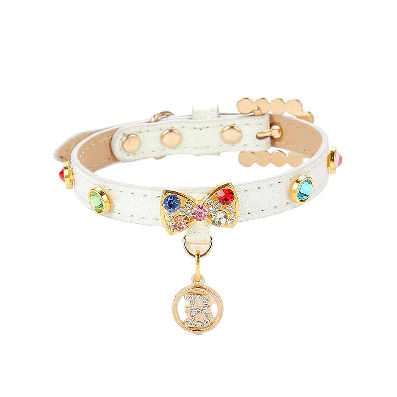 Luxury Diamond Puppy Collar Leather Pet Collar for Small Dogs Adjustable Necklace for Girl Dogs Cats with Rhinestone B Pendent