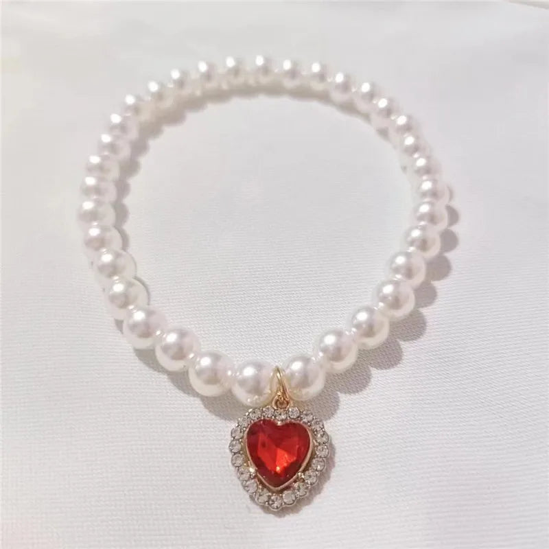 Pearl Dog Collar Necklaces Luxury Bling Rhinestones Wedding Cat Collar Heart Jewelry Dogs Cat Clothes Costume Pet Accessories
