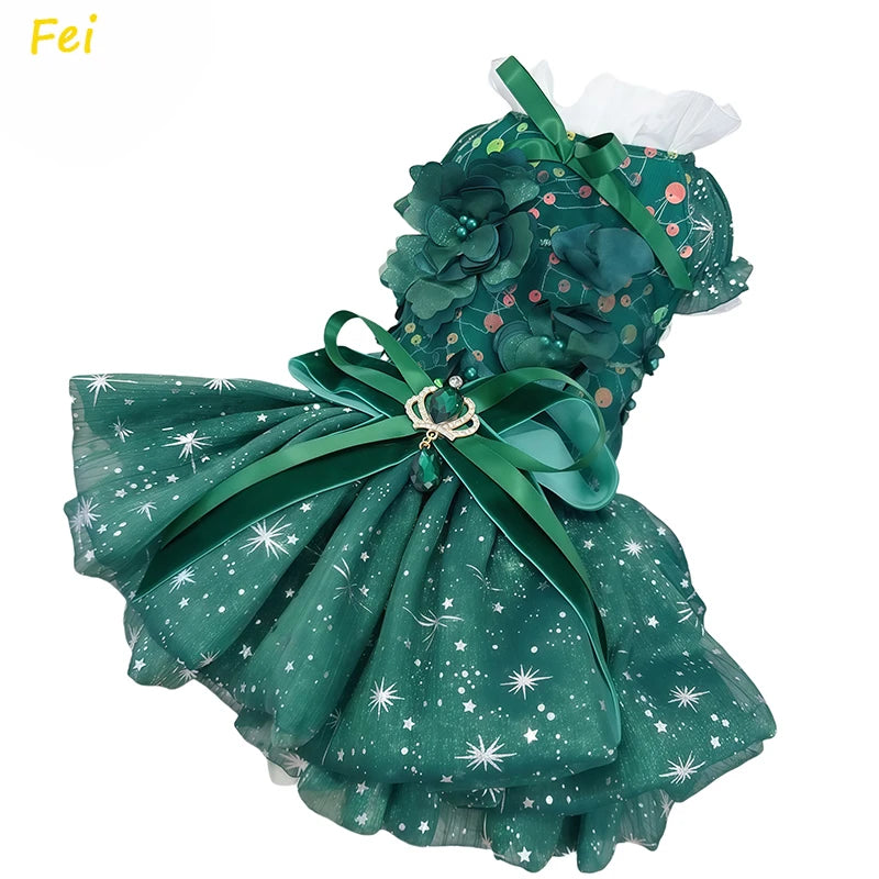 Luxury Handmade 
Christmas Velvet Dog Dress with Crystal Bow