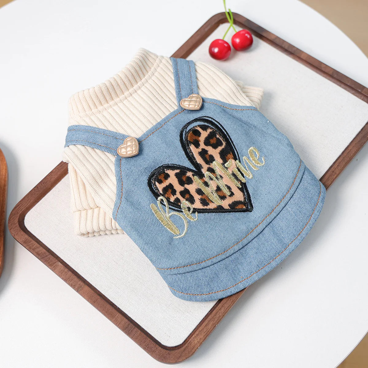 Warm Luxury Leopard heart Knitted Shirt With Denim Dress | Small Dog