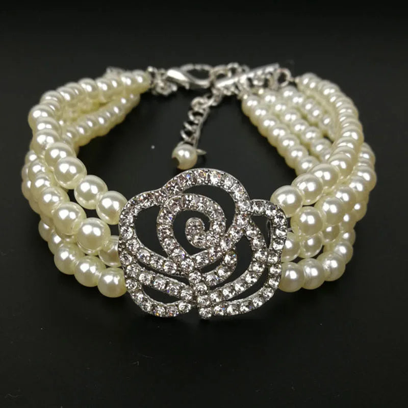 Luxury Dog Collar Flower Necklace Four-Rows Pearl Diamond Dog Accessories Rhinestone Chain Collars For Dog Neck Decor 20/25/30cm