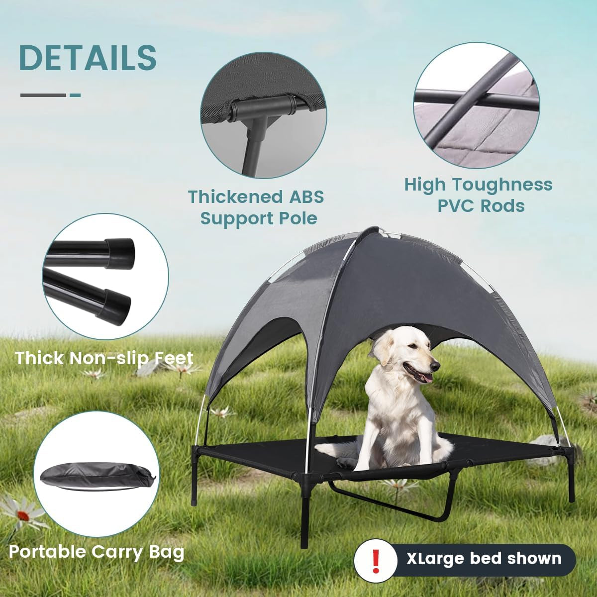 49" Elevated Outdoor Dog Bed with Canopy, Cooling Raised Pet Cot with Removable Sunshade for Camping, Deluxe 600D PVC with 2X1 Textilene Dog Bed, Come W/Carry Bag