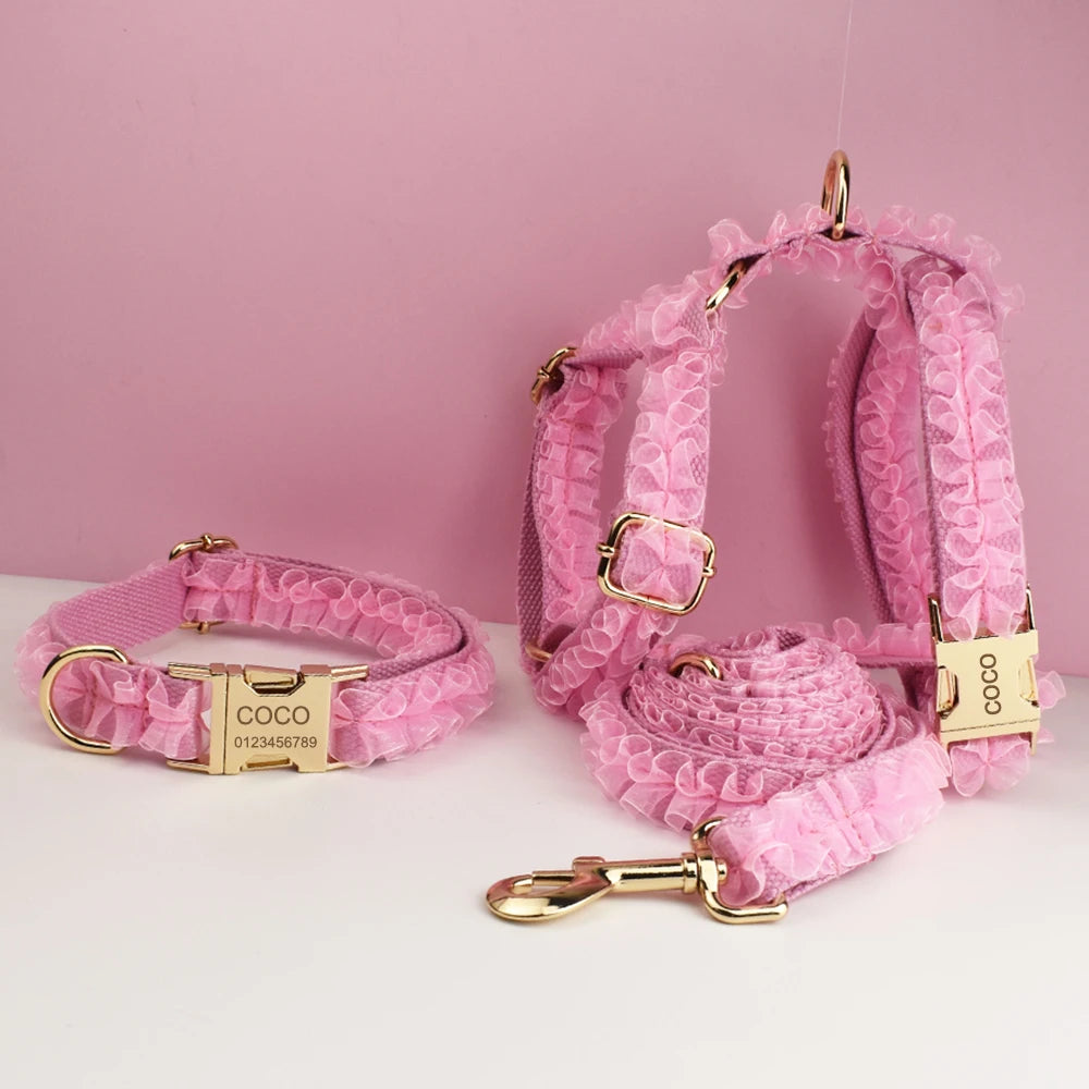 Luxury Lace Dog Collar with Custom Engraved Nameplate Personalized Pet Wedding Harness Accessory for Dogs