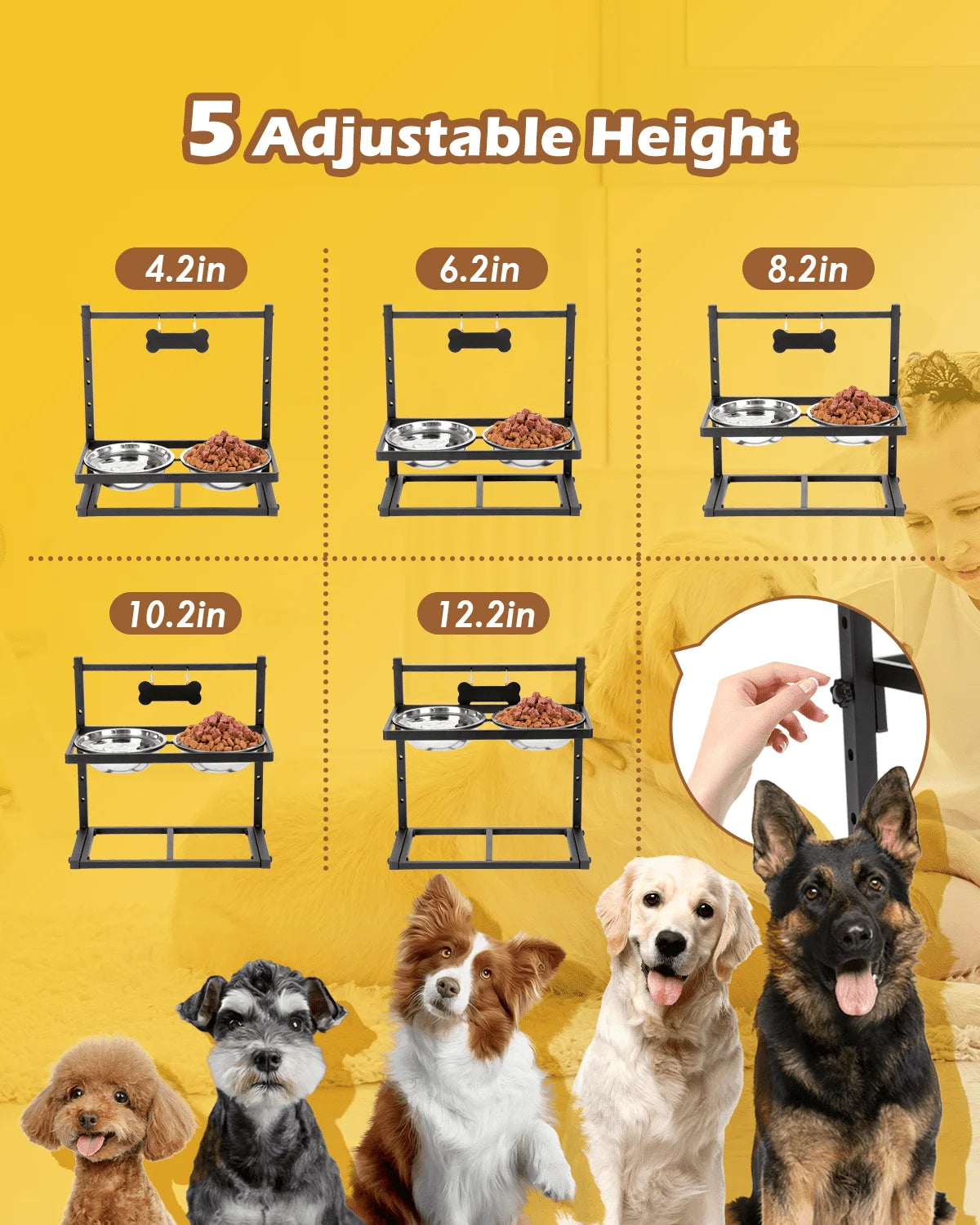 Elevated Dog Bowls with Slow Feeder,Adjusable Height Raised Dog Bowl Stand with 2 Stainless Steel 1200ML Dog Food Bowls, Dog Bowls with Mat for Small Medium Large Dogs and Cats