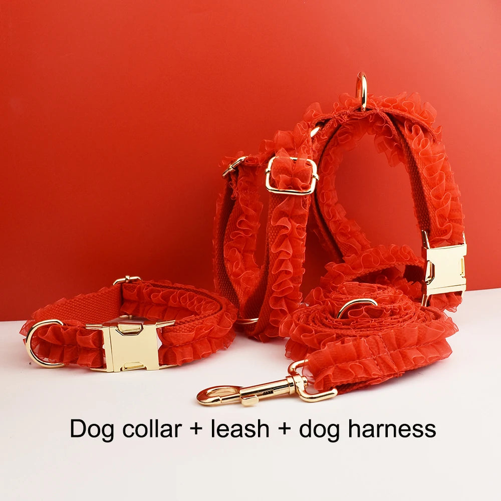 Luxury Lace Dog Collar with Custom Engraved Nameplate Personalized Pet Wedding Harness Accessory for Dogs