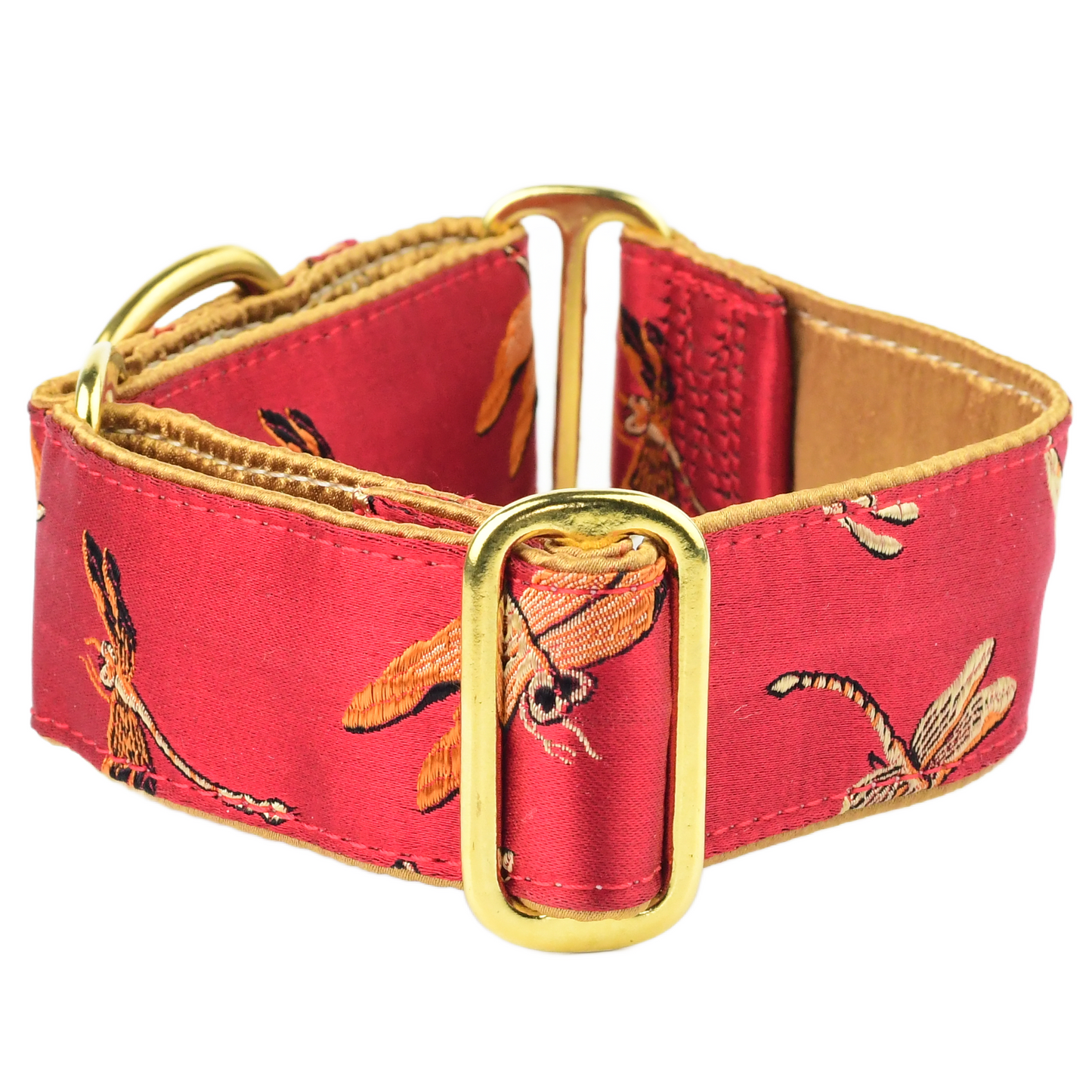 Dragonflies Red – Silk Brocade Buckle Martingale Dog Collar
