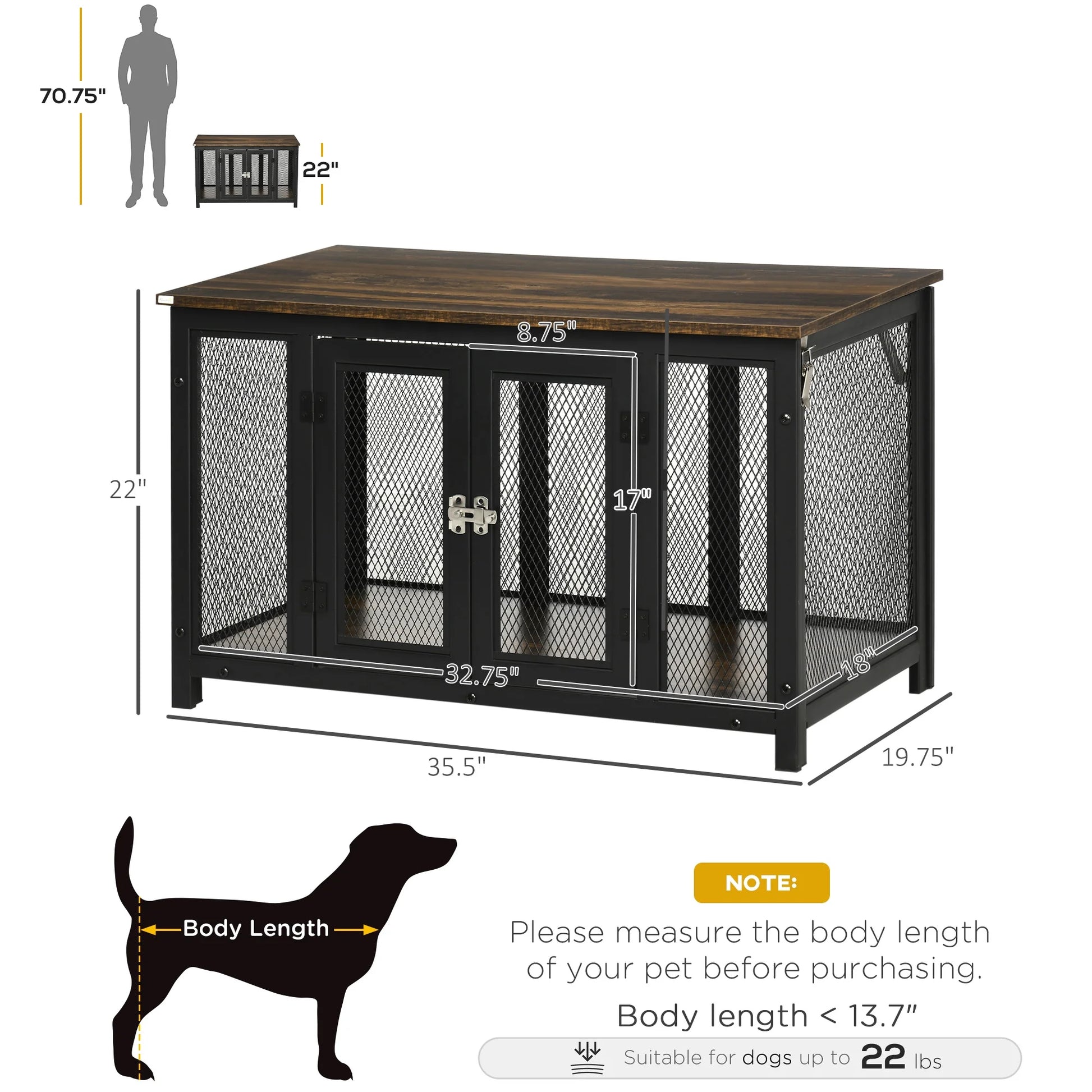 Furniture Style Dog Crate with Openable Top, Big Dog Crate End Table, Puppy Crate for Small Dogs, Spacious Interior, Pet Kennel, Brown, Black