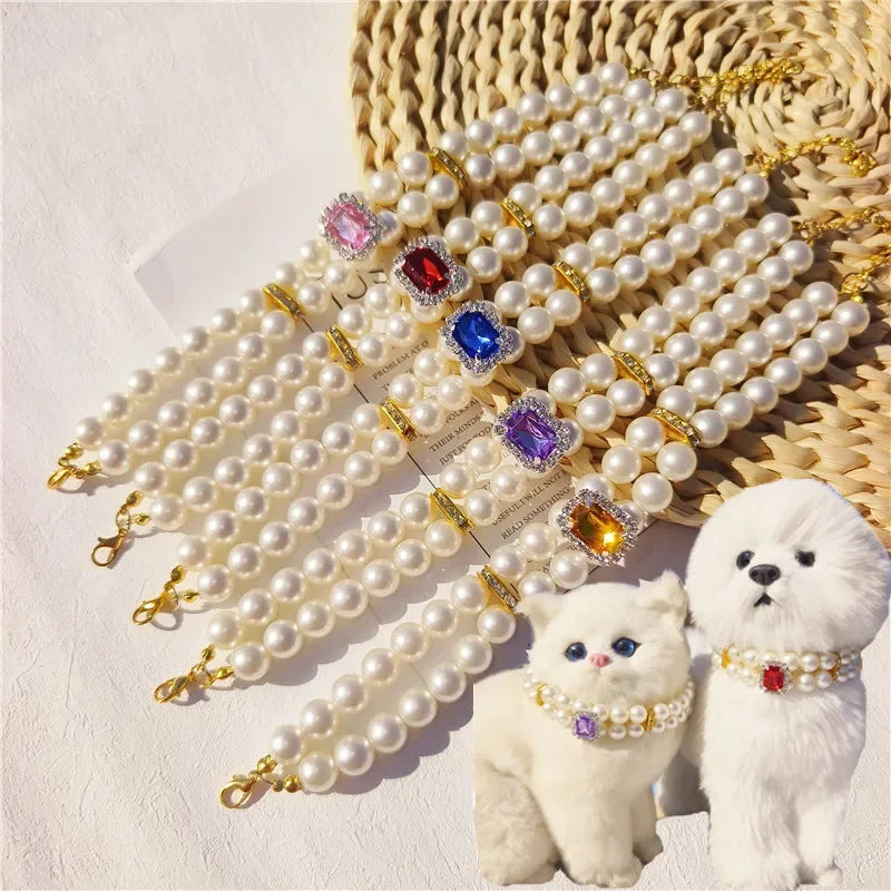 Pearl Dog Collar Necklaces Luxury Bling Rhinestones Wedding Collar Crystal Jewelry for Dogs Cat Clothes Costume Pet Accessories