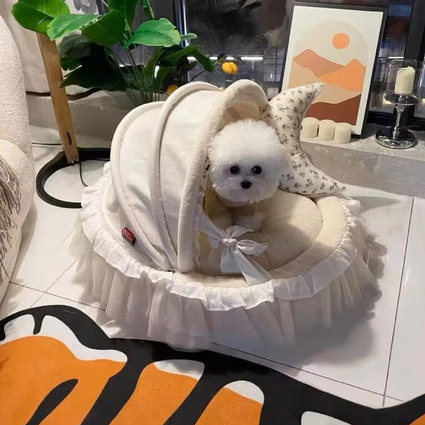 Fluffy Princess Luxury Winter Warm Deluxe Dog Cat Pet Cradle Folding Bed Sofa with Fleece Plush Accessories Velvet Items Couch