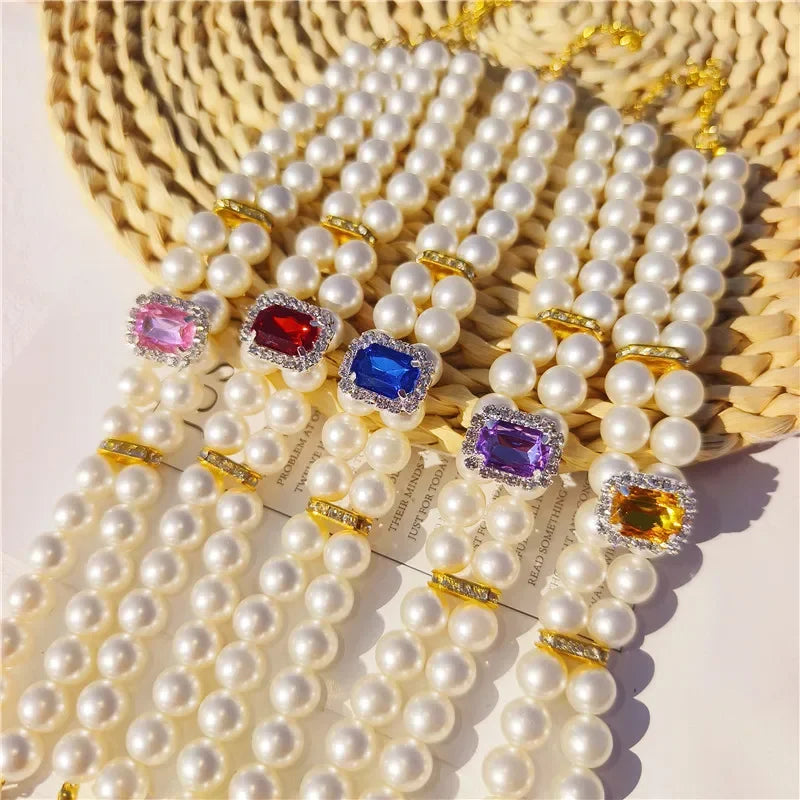 Pearl Dog Collar Necklaces Luxury Bling Rhinestones Wedding Collar Crystal Jewelry for Dogs Cat Clothes Costume Pet Accessories