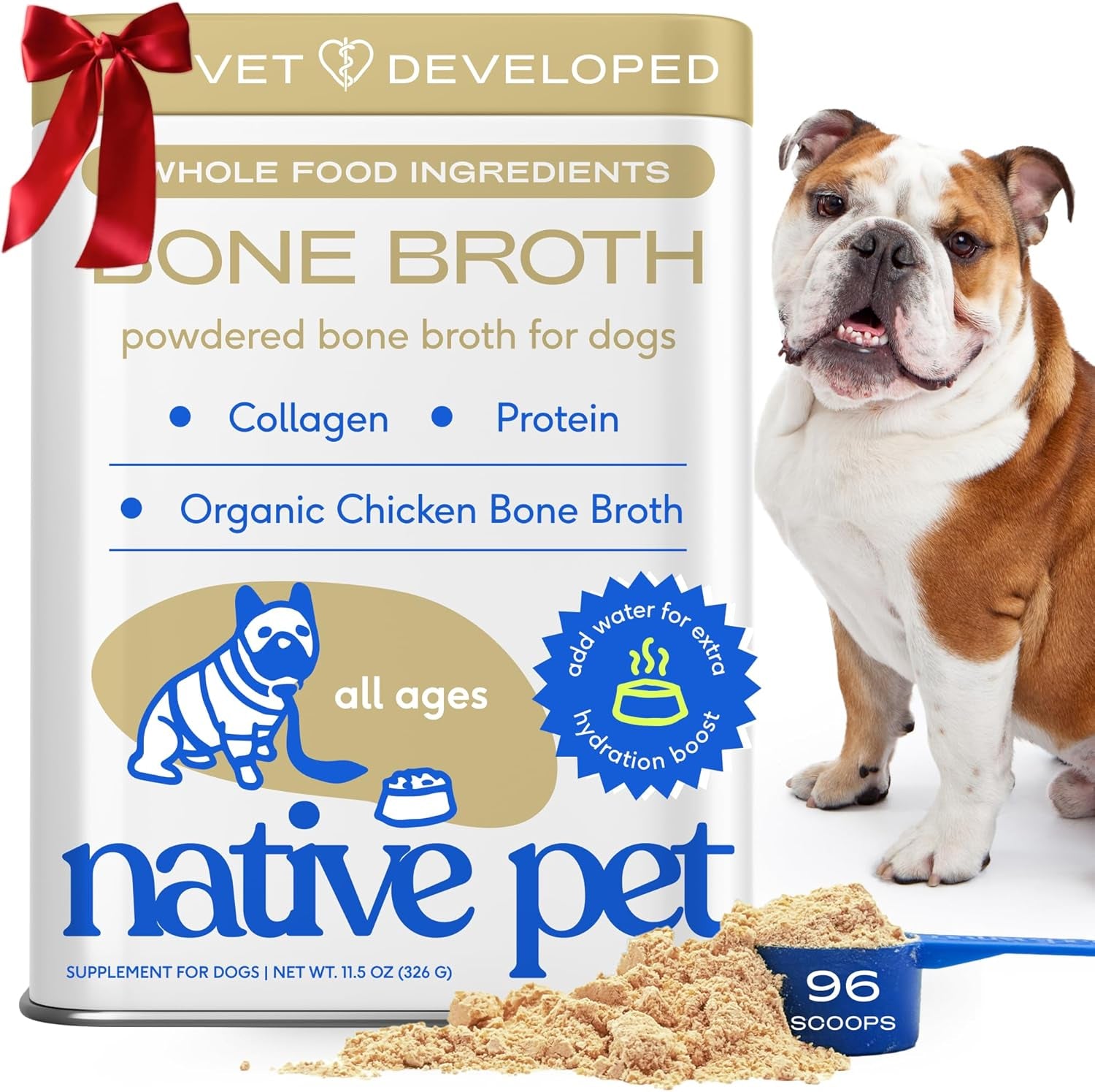 Bone Broth for Dogs and Cats - Chicken Bone Broth Powder Dog Food Toppers for Picky Eaters - Provides Extra Nutrition for Joint Strength, Immune Support & Heart Health - 96 Scoops