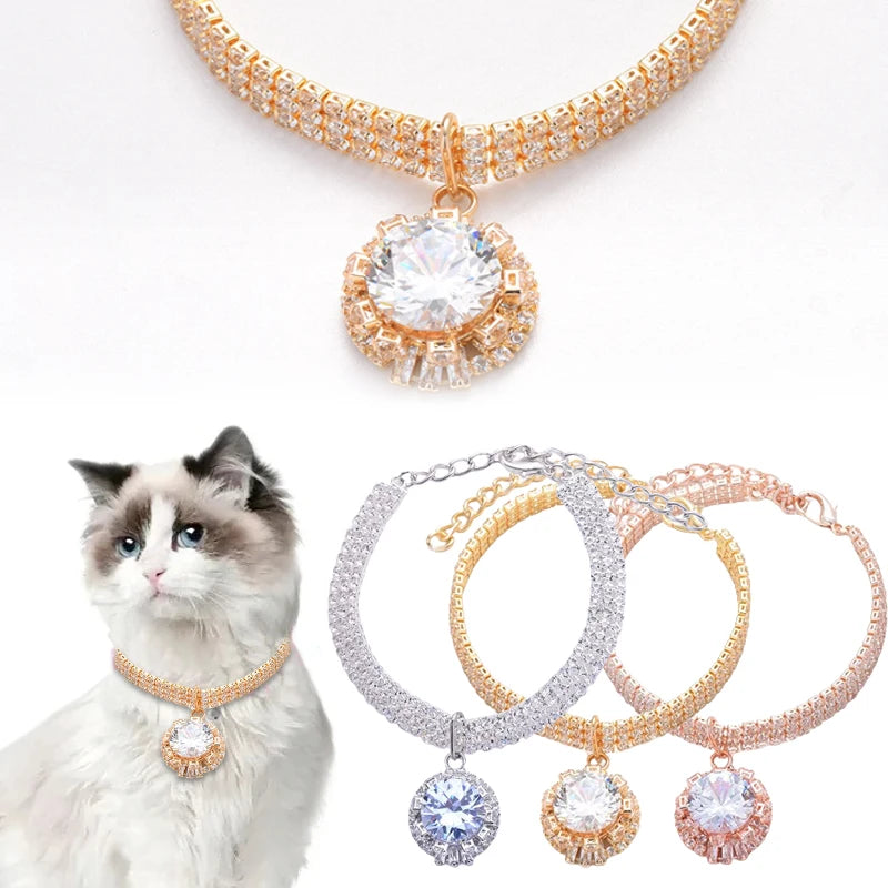 Luxury Bling Diamond Cat Collar Adjustable Puppy Kitten Necklace Shiny Rhinestone Pet Dog Pendant Pet Accessories