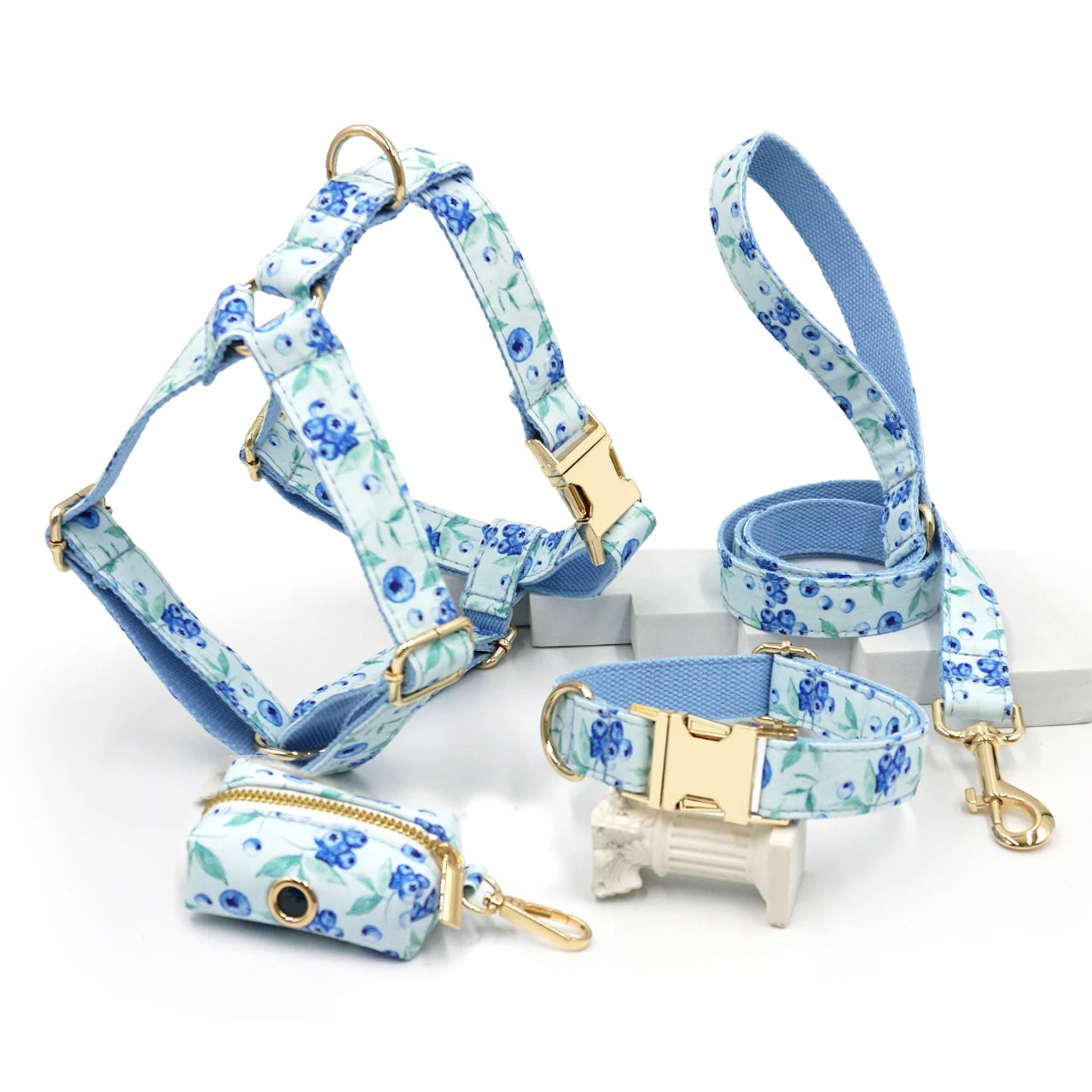 Dog Harness and Leash Set Mesh Padded Soft Pet Harness for Small Dogs Blueberry Pattern Luxury Custom Name Dog Collar Adjustable