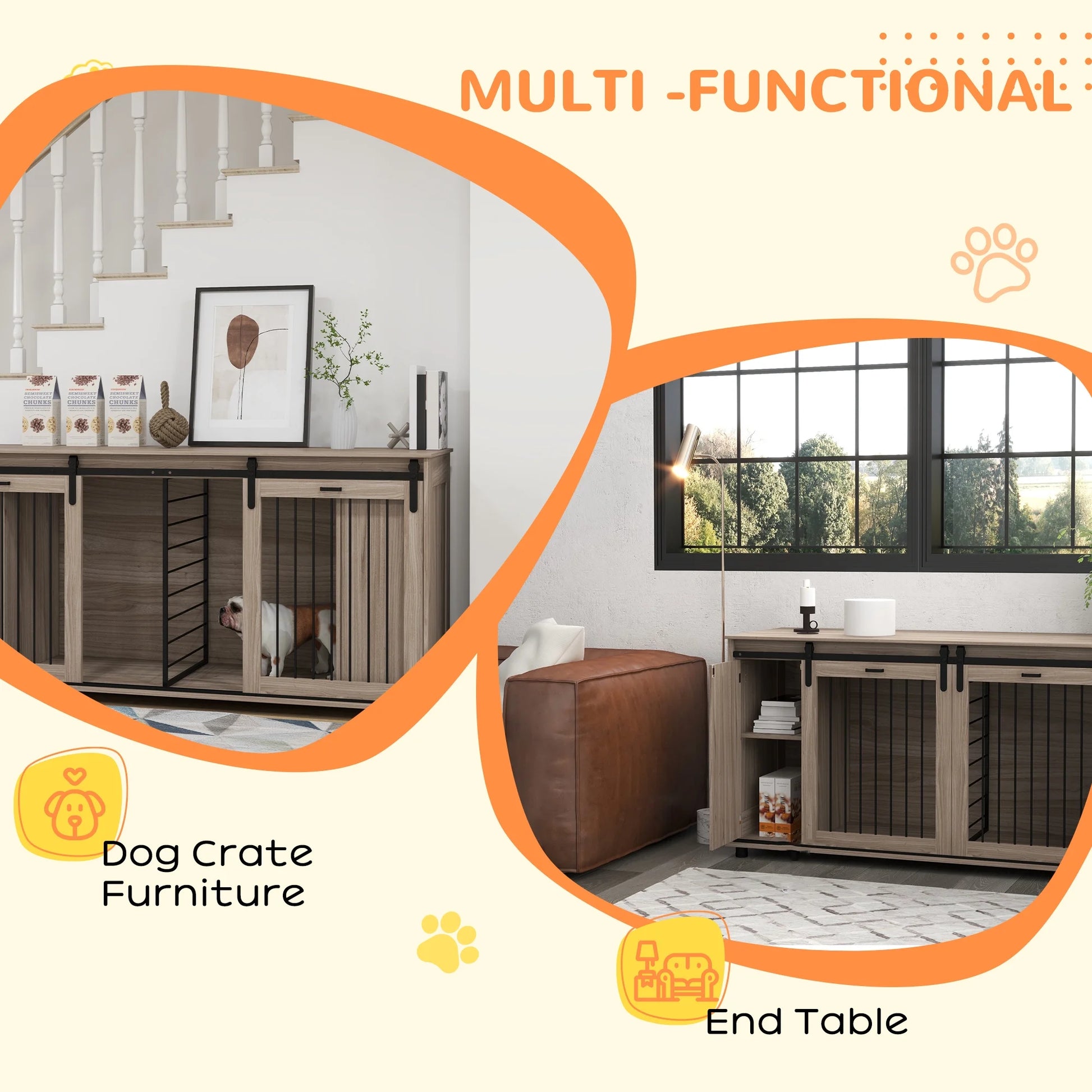 71" Dog Crate Furniture with Removable Divider for 2 Small Dogs or 1 Large Dog, Dog Kennel Furniture with Storage, Double Doors