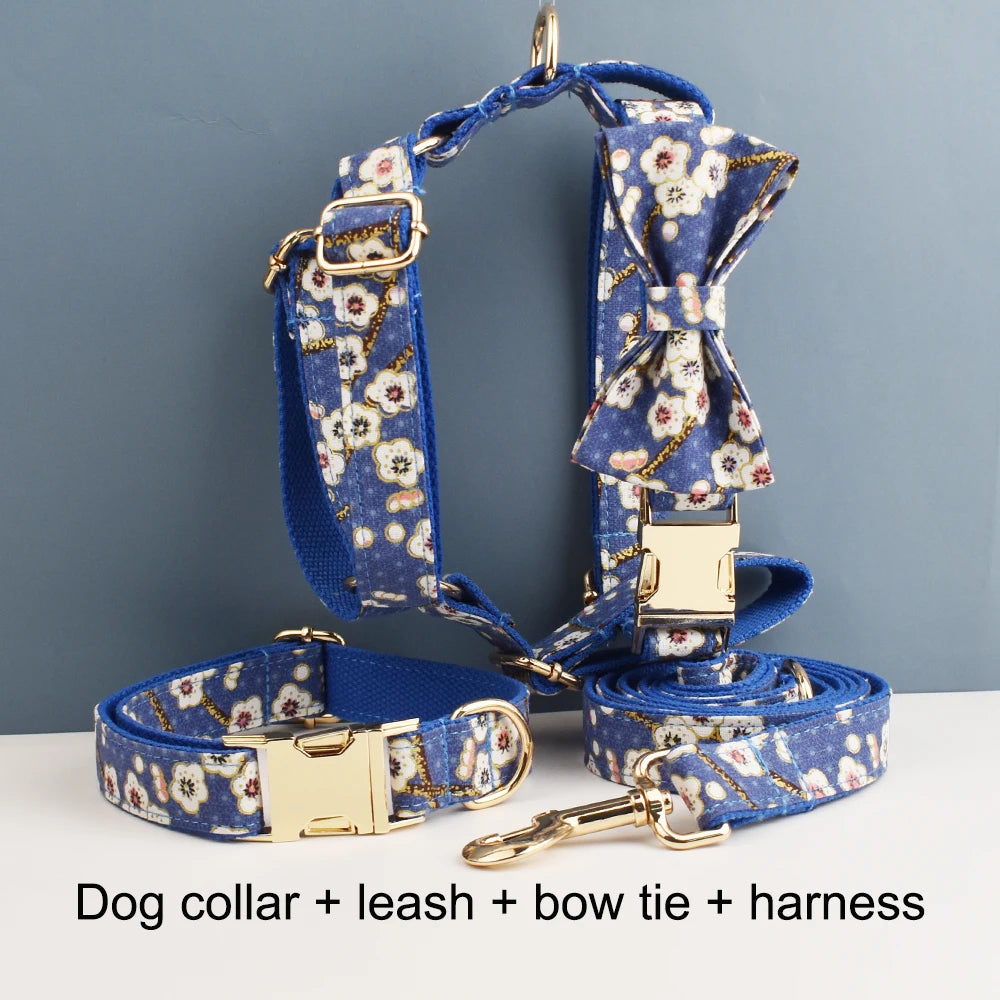 Luxury Personalized engravable dog collar Harness Leash Set Soft Cotton Floral Design Custom Bow Accessory for Dogs 02