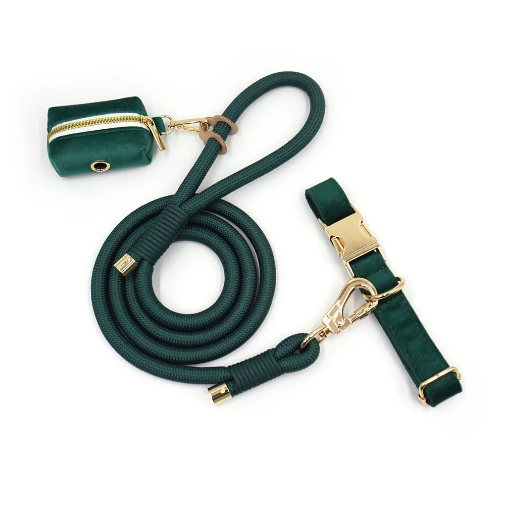 Premium Emerald Green Velvet Personalized Dog Collar and Leash Set Soft Adjustable Dog Luxury Gift Collar with Name Durable Lead