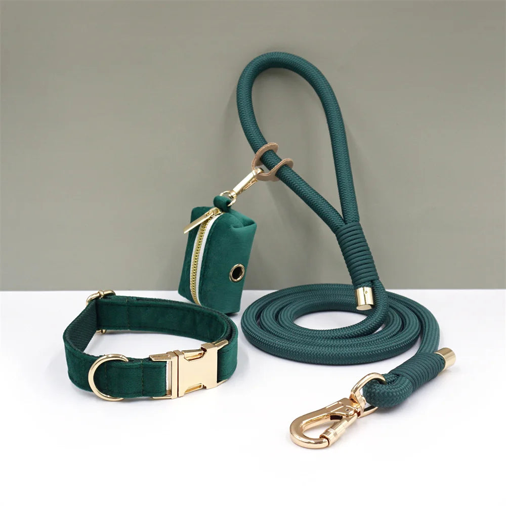 Premium Emerald Green Velvet Personalized Dog Collar and Leash Set Soft Adjustable Dog Luxury Gift Collar with Name Durable Lead