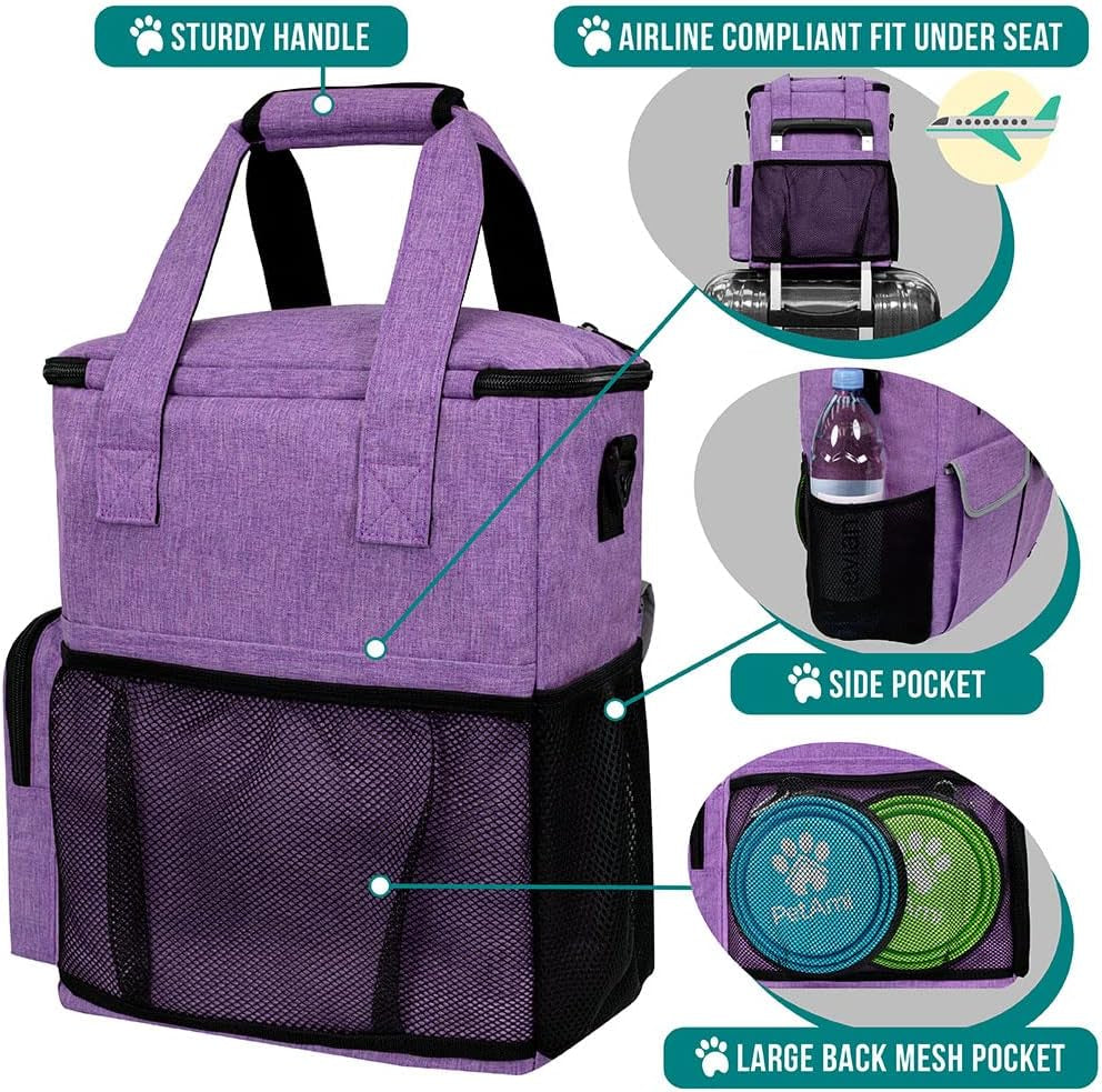 Dog Travel Bag Pet Supplies Accessories Organizer for Traveling, Camping, Weekend; Cat Pet Travel Bag Kit Includes 2 Food Storage Containers, 2 Collapsible Bowls, 1 Feeding Mat (Purple)