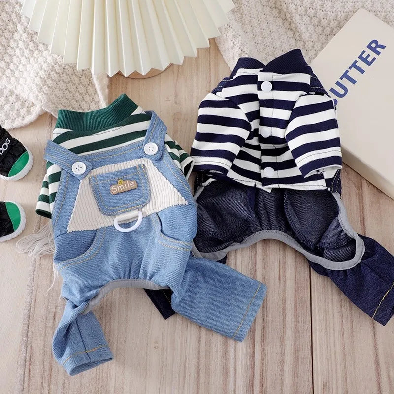 Blue Dog Jeans Pants Overall Costumes For Puppies Poodle Shih Tzu Little XS XL Pet Clothing With Vest Pet Fashion Shop Drop Ship