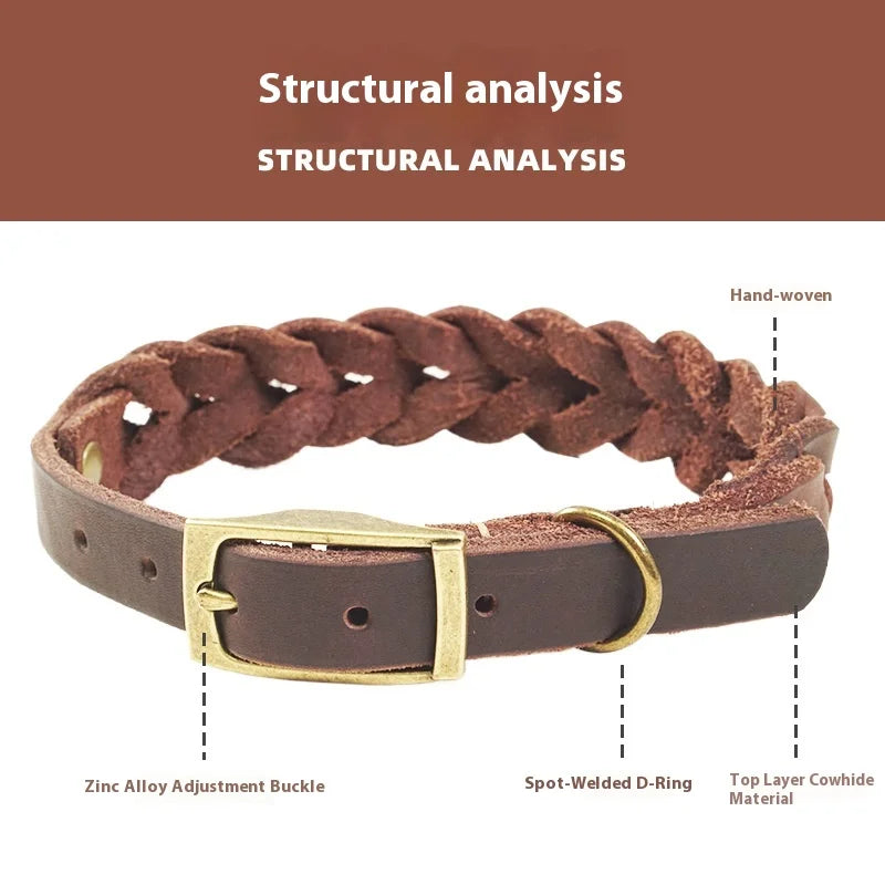 Handwoven Genuine Leather Dog Collar & Leash Set - Top Grain Cowhide Pet Accessories with Adjustable Buckle, Luxury Dog Lead