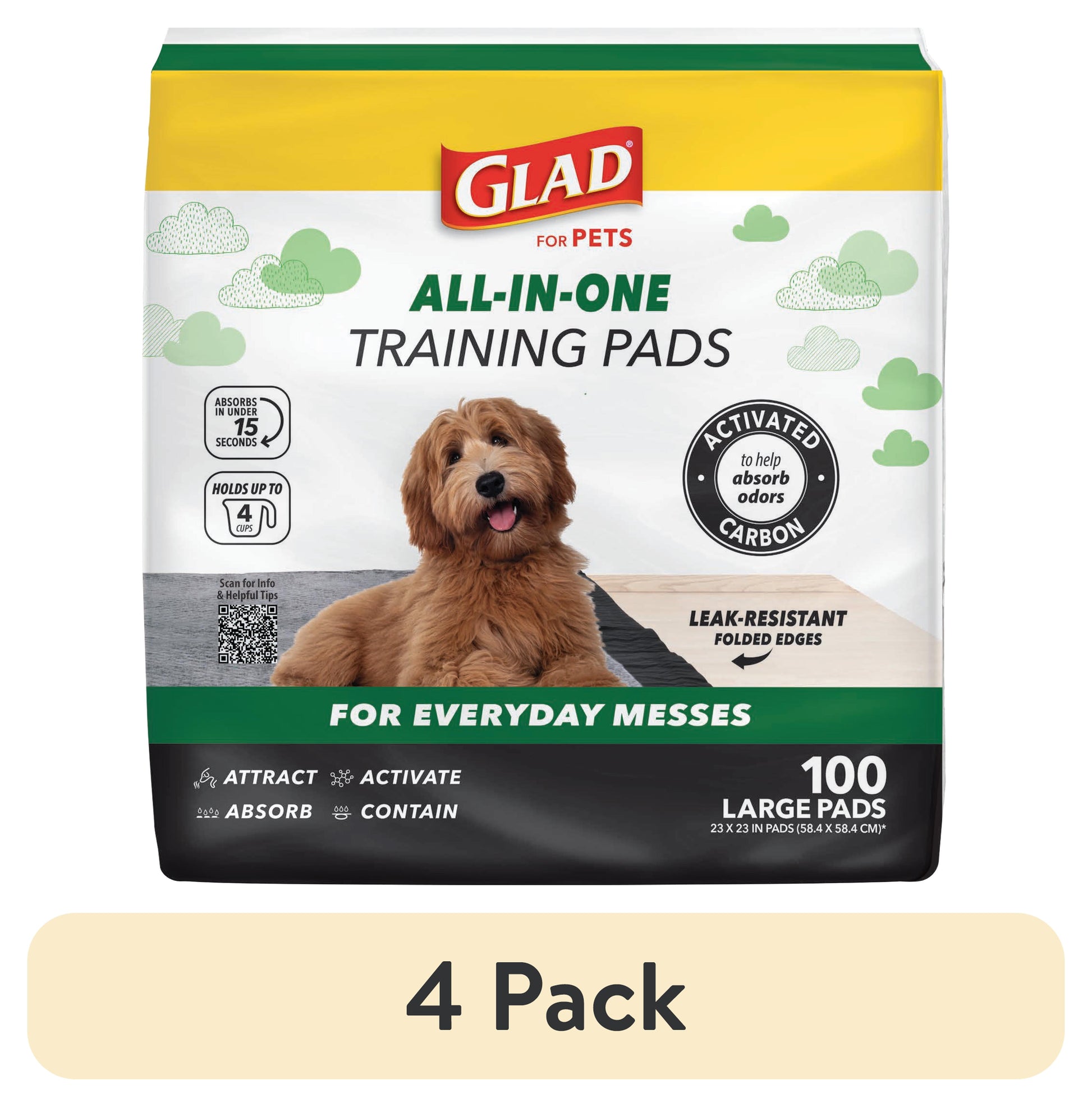 (4 Pack)  Activated Charcoal Leak-Resistant Training Pads for Dogs, 23In X 23In, 100 Count
