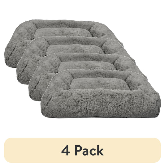 (4 Pack)  Large Furry Bolster Dog Bed, Taupe, 36" X 27"