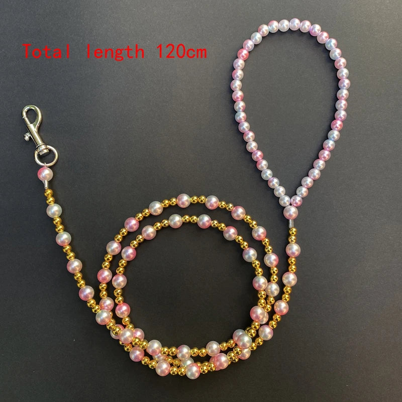 Luxury Pearls Beads Dog Leash Chain for Pets White Gold Leash for Dog Walking Dog Cat Collar Accessories Products for Small Dogs