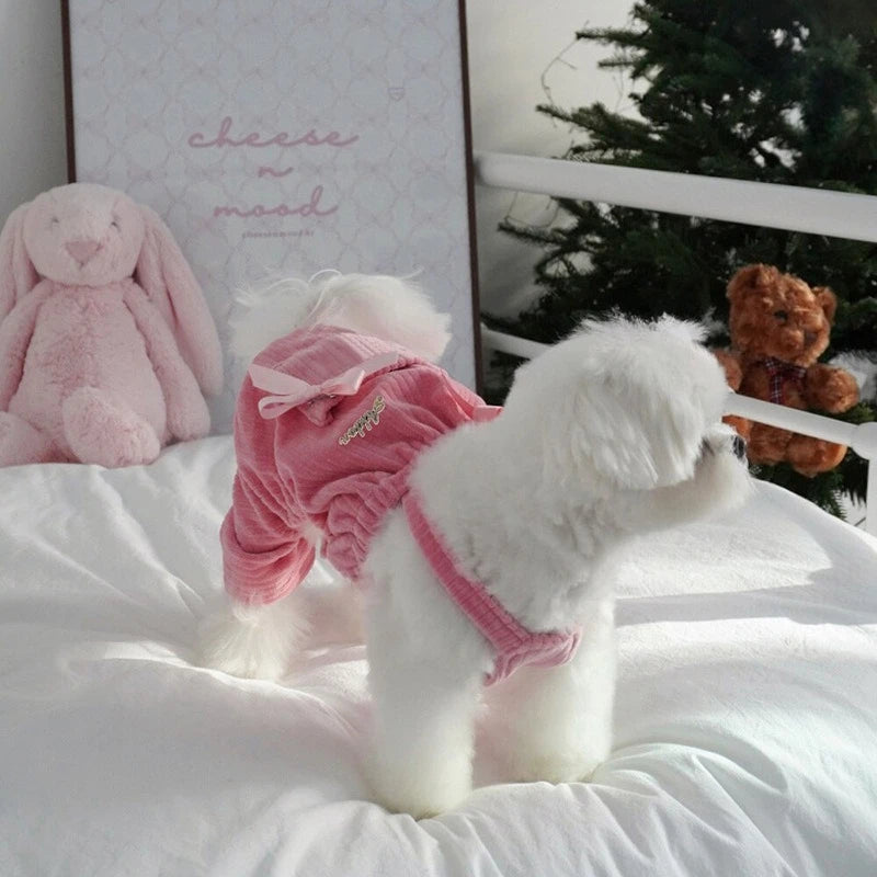 Pet Corduroy Overalls Butterfly Tie Jumpsuit Autumn and Winter Puppy Two Legged Clothes Teddy Cat Four Legged Pants