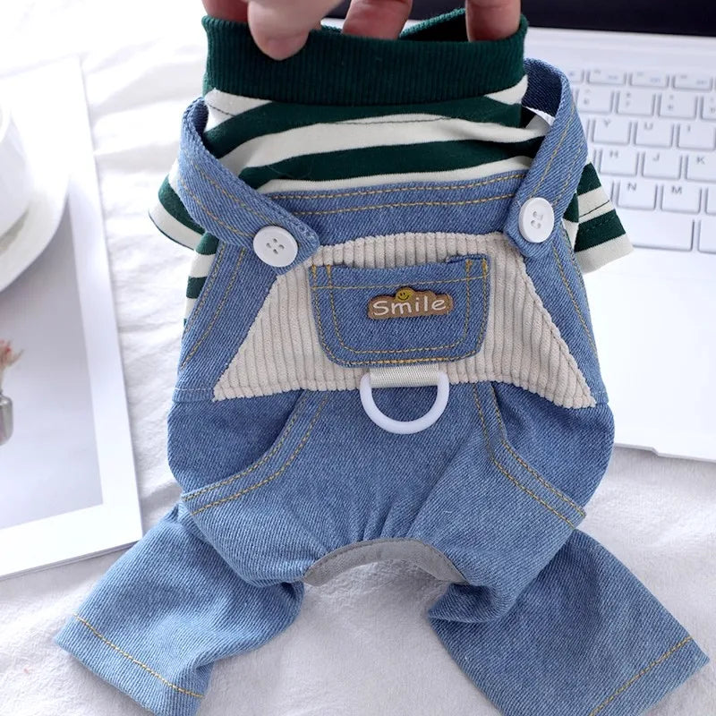 Blue Dog Jeans Pants Overall Costumes For Puppies Poodle Shih Tzu Little XS XL Pet Clothing With Vest Pet Fashion Shop Drop Ship